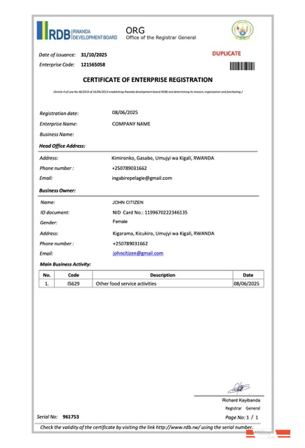 Rwanda certificate of enterprise registration Word and PDF template, version 2